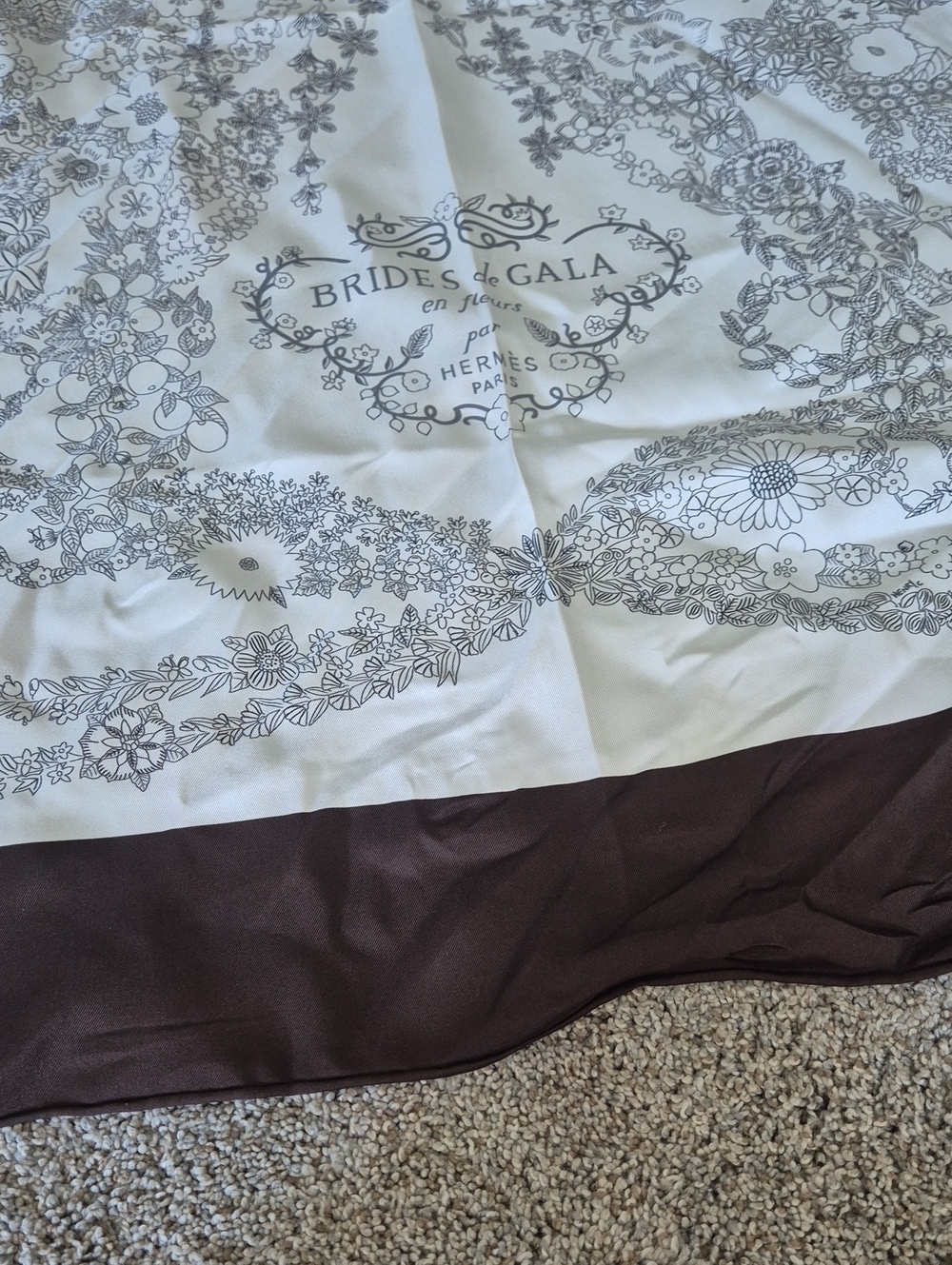Floral Silk Scarf in White and Dark Brown - Picture 2 of 6